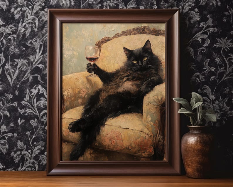 Black Cat Wine Wall Art Funny Printable Bar Kitchen Wall Decor Vintage ...
