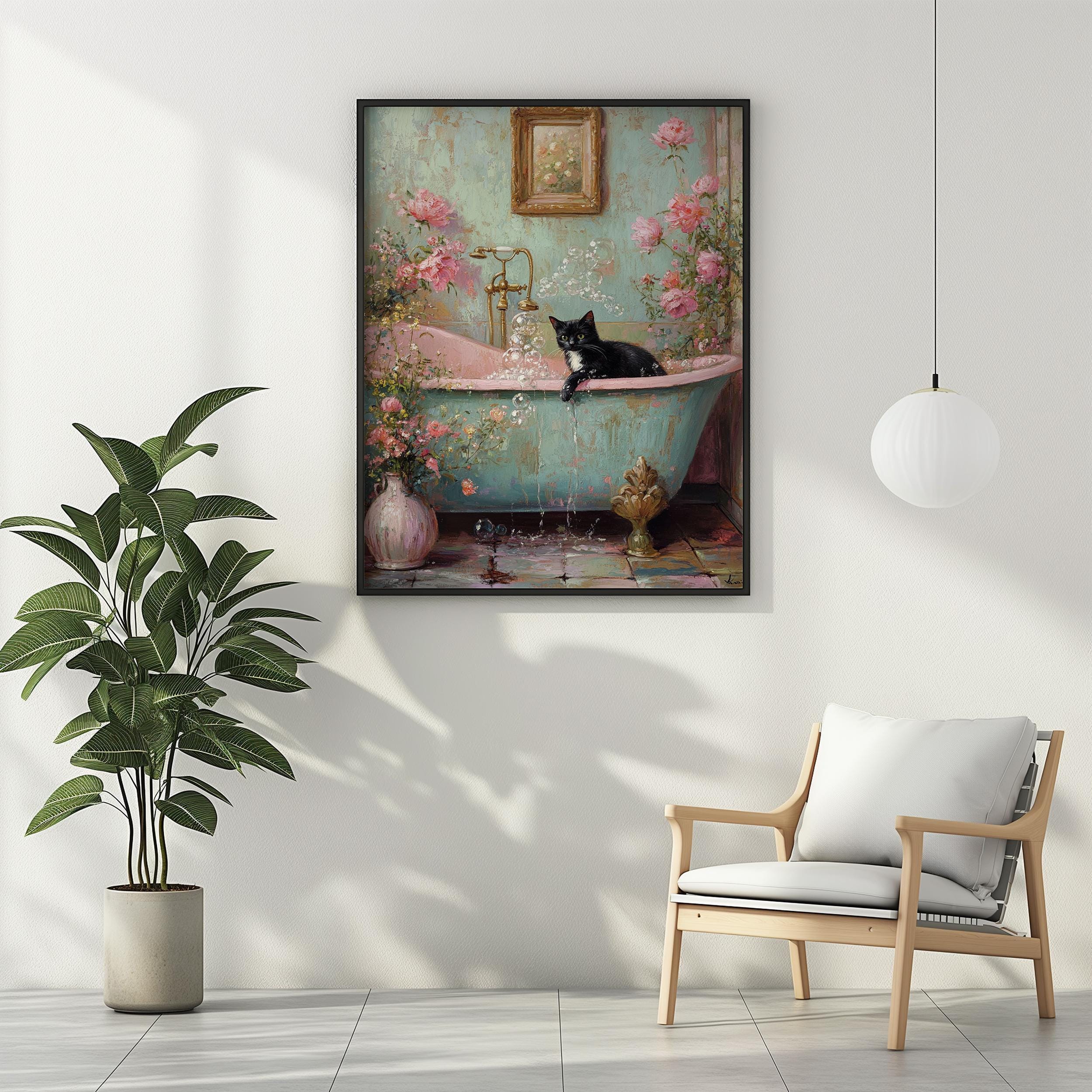 Cat in Bathtub Poster Print Black Cat Bathroom Wall Art Funny Wall ...