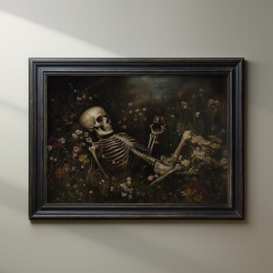 Arte de pared imprimible con esqueleto de vino, decoración de pared de flores silvestres macabras oscuras, pintura al óleo antigua, póster gótico floral de Halloween, impresión gótica, descarga