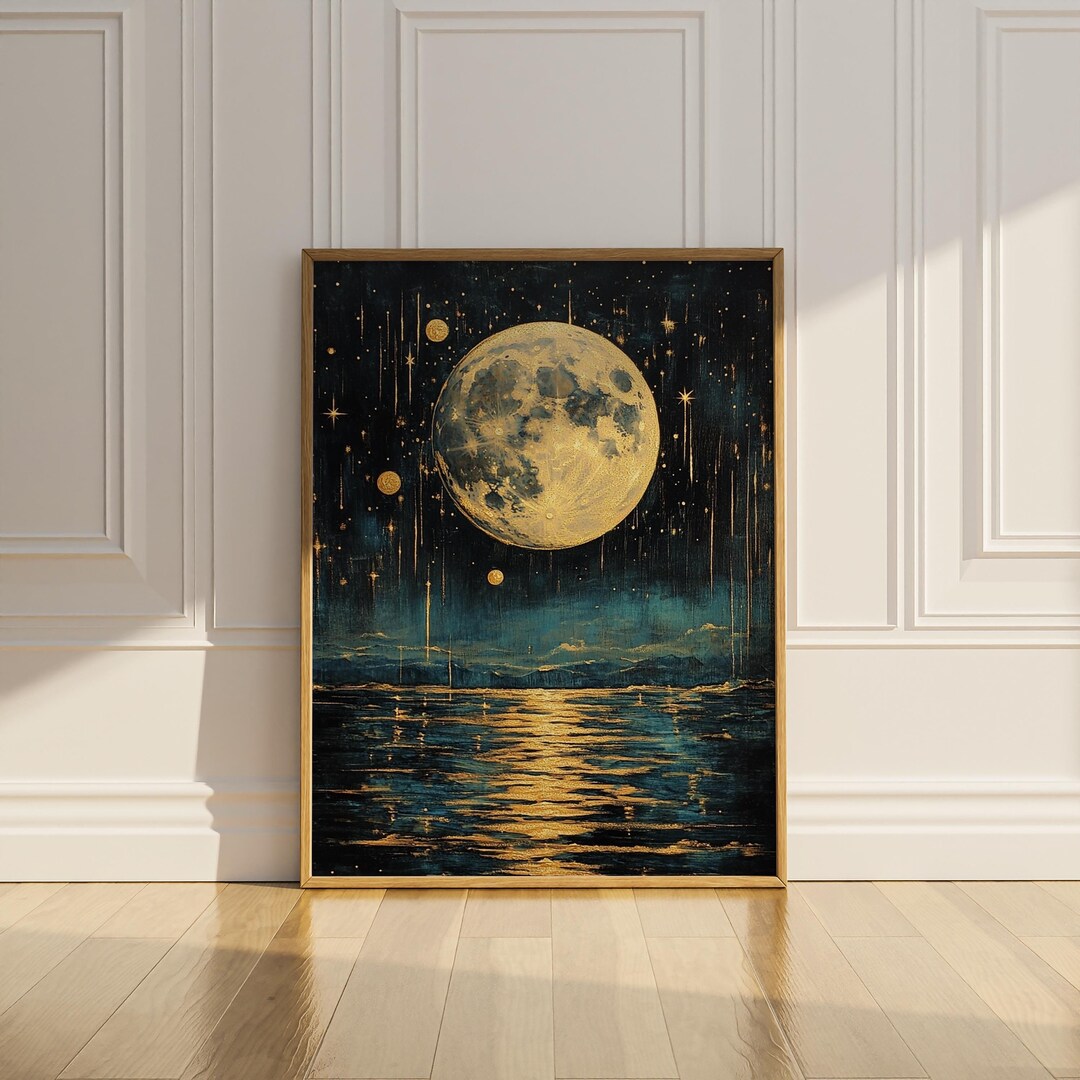 Celestial Full Moon Oil Painting Wall Art Printable Enchanting Vintage ...