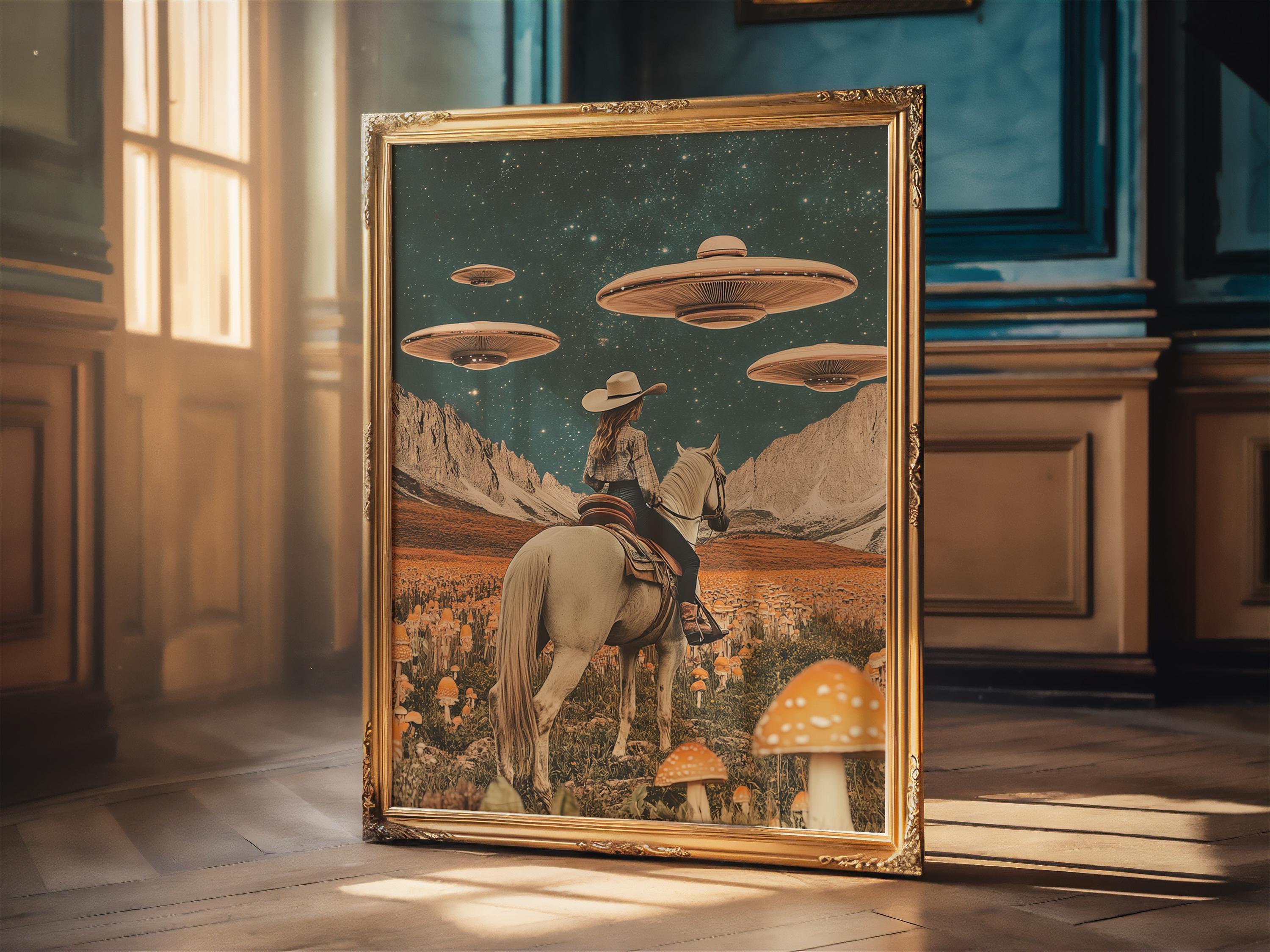 Cowgirl Riding Horse Vintage Collage Wall Art Mushroom UFO Trippy ...