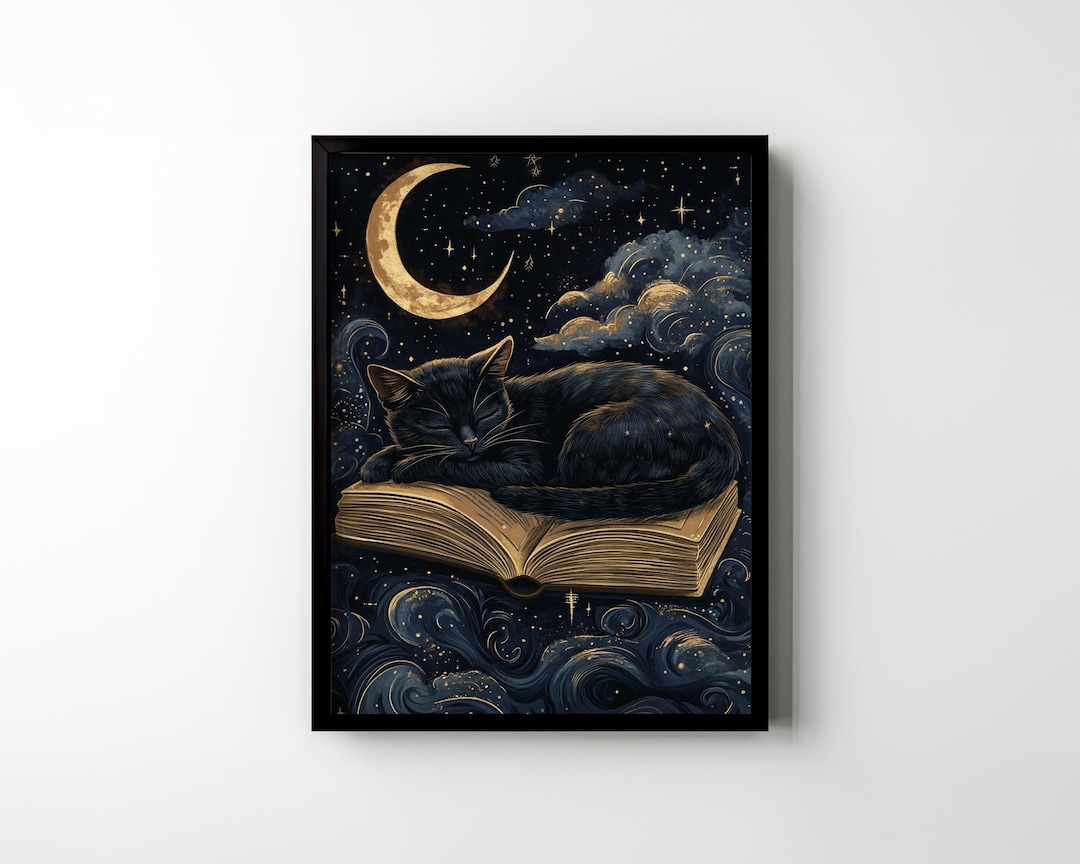 Black Cat Book Celestial Wall Art Vintage Dark Academia Bookish Print ...