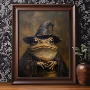 May include: A painting of a toad wearing a pointed black wizard hat. The toad is sitting in a dark robe with its hands clasped in front of it. The background is a dark brown.