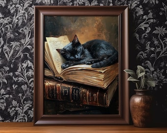 Black Cat Book Wall Art Printable Dark Academia Book Lover Wall Decor Vintage Oil Painting Cat Lover Bookworm Poster Print Digital Download