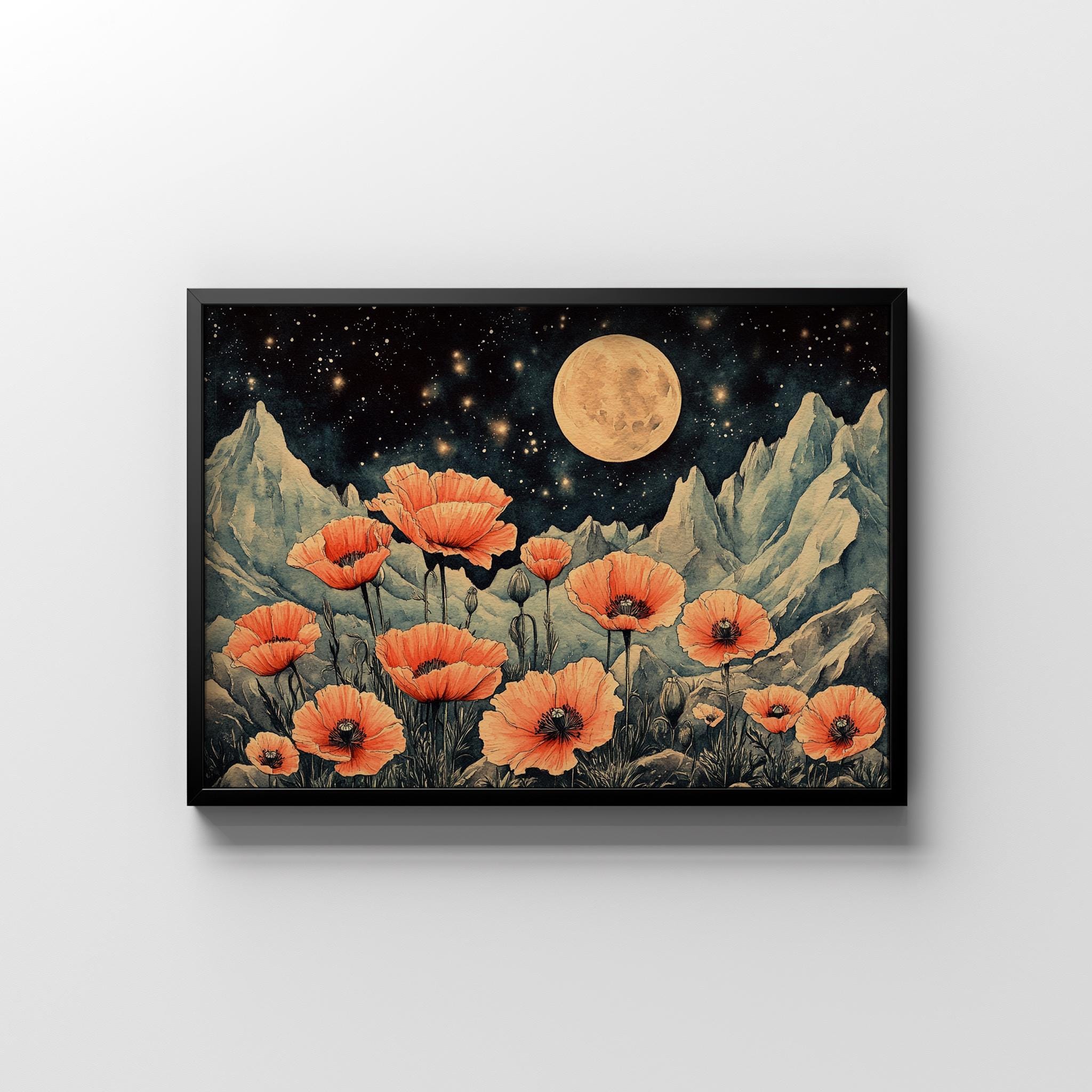 ポピーの花の壁アート ポピー 夜空 印刷可能 野生の花 花柄