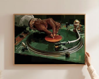 May include: A framed print of a DJ's hand adjusting a record on a green turntable. The hand is adorned with gold bracelets. The artwork has a vintage aesthetic, with a focus on the turntable's details.