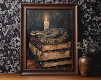 Dark Academia Snake Book Poster Print Witchy Fantasy Book Lover Wall Art Wall Decor Antique Vintage Oil Painting Bookworm Gift Matte Poster