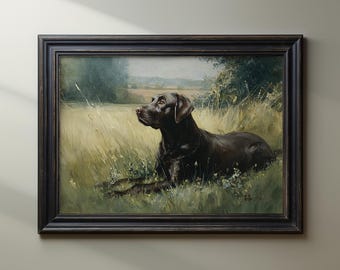 May include: A framed oil painting depicts a chocolate Labrador Retriever lying in tall grass. The dog is the focal point, with a serene expression. The background shows a field and trees under a cloudy sky. The frame is dark brown.