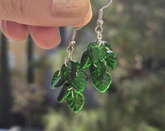 Green Czech pressed glass leaf earrings