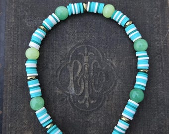 Polymer and Green Stone Bead Bracelet