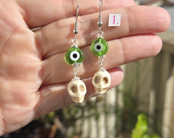 Howlite Skulls and Glass Evil Eye Earrings