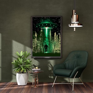 Sasquatch Abduction Poster | 24x36 UFO Forest Night Wall Art | Cryptid Decor Printable | Funny Alien Bigfoot Digital Download