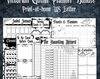 May include: A bundle of printable planner pages with a Victorian Gothic theme. The pages include titles such as "Jaded January," "Weekly Deeds & Duties," and "The Haunting Record." The design is black and white, with decorative borders and gothic fonts.
