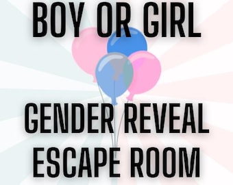 Könnte beinhalten: Ein Grafikdesign mit dem schwarzen Text BOY OR GIRL GENDER REVEAL ESCAPE ROOM, zentriert über einem Bündel aus drei Luftballons in Rosa und Blau. Der Hintergrund besteht aus einem hellen Strahlenmuster, das von der Mitte ausgeht.