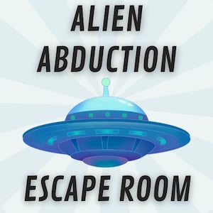 Puede incluir: Ilustración azul y morada de un OVNI con las palabras "ALIEN ABDUCTION ESCAPE ROOM" en texto negro. El OVNI está centrado y tiene una cúpula azul claro con una pequeña antena. El fondo tiene líneas radiales blancas.