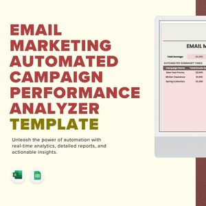 May include: A computer monitor displays an email marketing campaign performance analyzer template. The text reads "EMAIL MARKETING AUTOMATED CAMPAIGN PERFORMANCE ANALYZER TEMPLATE". The screen shows a table with campaign data.