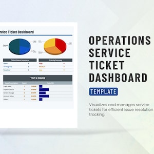May include: A digital dashboard template titled "Operations Service Ticket Dashboard" with data visualisations. The dashboard displays ticket status, agent performance, and top issues. Includes pie charts, bar graphs, and a table with data.