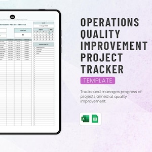 Puede incluir: Una tableta digital muestra una plantilla de "Seguimiento de proyectos de mejora de la calidad de las operaciones". La plantilla incluye secciones para detalles del proyecto, fechas y seguimiento del progreso. El texto a la derecha dice "OPERATIONS QUALITY IMPROVEMENT PROJECT TRACKER TEMPLATE".