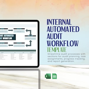 May include: A digital tablet displays an "Account Automated Audit Workflow" diagram. Text on the right reads "Internal Automated Audit Workflow Template." The template streamlines audit processes with sections for planning, task assignments, and report generation.