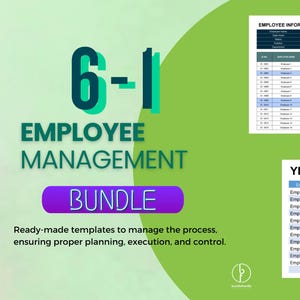 May include: An employee management bundle graphic with the text "6-1 EMPLOYEE MANAGEMENT BUNDLE." The image includes ready-made templates for managing processes, with employee information and a yearly leave tracker.