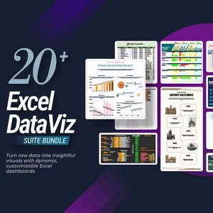 Könnte beinhalten: Werbebild für ein Excel DataViz Suite Bundle. Das Bild hat einen dunkelblauen Hintergrund mit dem Text "20+ Excel DataViz SUITE BUNDLE". Es werden mehrere Excel-Dashboard-Beispiele gezeigt, die Datenvisualisierung demonstrieren. Der Text lautet: "Verwandeln Sie Rohdaten in aufschlussreiche Visualisierungen mit dynamischen, anpassbaren Excel-Dashboards."