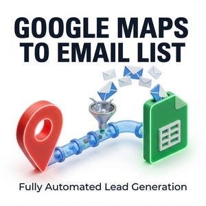 May include: An illustration with the text "GOOGLE MAPS TO EMAIL LIST" and "Fully Automated Lead Generation." It depicts a red location marker connected to a green document with email icons.