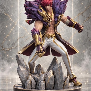 May include: A detailed collectible figurine of a muscular character with spiky red hair, wearing a purple and gold fur-collared coat, white trousers, and gold gauntlets. The figure stands in a dynamic pose atop a base of jagged gray and gold rocks.