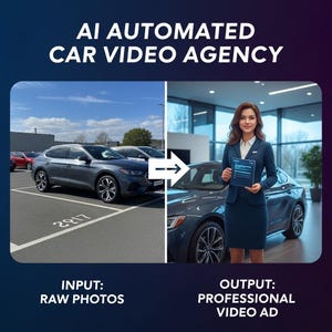 Può includere: Immagine che mostra un'auto in un parcheggio con l'etichetta "INPUT: RAW PHOTOS" che si trasforma in un annuncio video professionale con l'etichetta "OUTPUT: PROFESSIONAL VIDEO AD". Il testo "AI AUTOMATED CAR VIDEO AGENCY" è in alto.