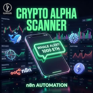 May include: A digital graphic promoting a crypto scanner. The image features a smartphone displaying a "Whale Alert: 1000 ETH" notification. The background includes charts, a whale icon, and the text "CRYPTO ALPHA SCANNER" and "n8n AUTOMATION".