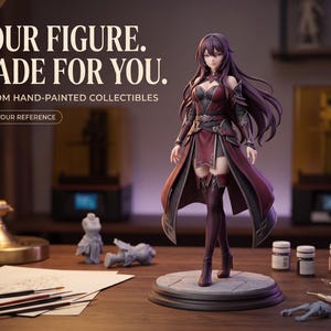 May include: A custom hand-painted collectible figure of a character with long dark hair, wearing a maroon and black outfit with armor accents, standing on a circular stone base. Text reads: YOUR FIGURE. MADE FOR YOU. CUSTOM HAND-PAINTED COLLECTIBLES.