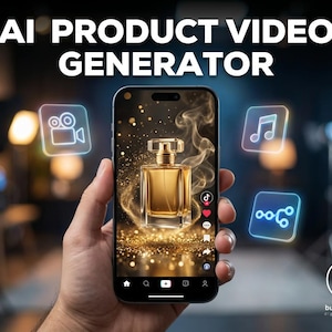 Può includere: Uno smartphone mostra un flacone di profumo con una luce dorata, circondato da particelle scintillanti. Il telefono è tenuto in mano, con il testo "AI PRODUCT VIDEO GENERATOR" in alto. Icone al neon di una videocamera, una nota musicale e un simbolo di condivisione circondano il telefono.