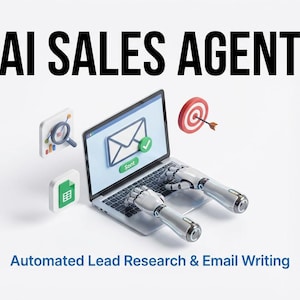Könnte beinhalten: Ein Laptop mit Roboterarmen, der einen E-Mail-Entwurf mit Häkchen anzeigt. Der Text "AI SALES AGENT" steht oben, darunter "Automated Lead Research & Email Writing". Weitere Symbole sind eine Lupe und eine Zielscheibe. Das Bild zeigt Automatisierung.