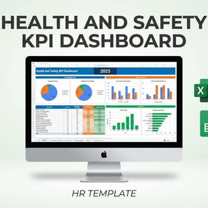 May include: A desktop computer displays a "Health and Safety KPI Dashboard" with charts and data for 2025. The screen shows pie charts, bar graphs, and data tables. The text "HR TEMPLATE" is at the bottom.