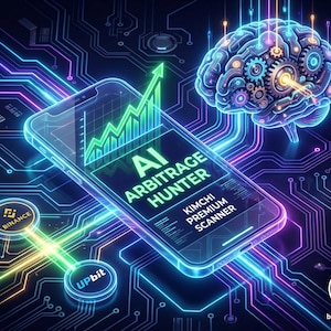 May include: Digital illustration of a smartphone displaying a green stock chart and the text "AI ARBITRAGE HUNTER". A glowing brain and circuit board design with the Binance and Upbit logos are also featured.