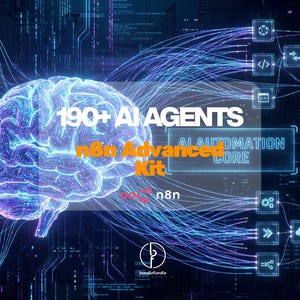 Op de afbeelding: Digitale afbeelding met een gloeiend brein met de tekst "190+ AI AGENTS" en "n8n Advanced Kit". De afbeelding heeft een donkerblauwe achtergrond met onderling verbonden knooppunten en lijnen, wat een netwerk of systeem suggereert.