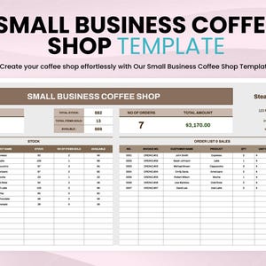 May include: A coffee shop template with the text "SMALL BUSINESS COFFEE SHOP TEMPLATE". The template includes sections for stock, orders, and sales, with a sample order list. The template is designed to help create a coffee shop.