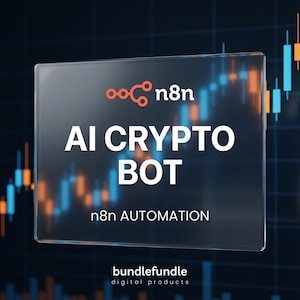 Pode incluir: Gráfico digital com o texto "AI CRYPTO BOT" em branco, sobre um fundo escuro com gráficos financeiros laranja e azul. O logotipo "n8n" está no canto superior esquerdo, com "n8n AUTOMATION" abaixo. O logotipo "bundlefundle digital products" está na parte inferior.