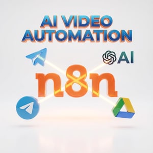 Könnte beinhalten: Ein 3D-Rendering mit dem Text "AI VIDEO AUTOMATION" in Blau und Orange. Das Wort "n8n" ist orange. Symbole für Telegram, Google Drive und KI sind ebenfalls vorhanden, verbunden durch leuchtende Linien.
