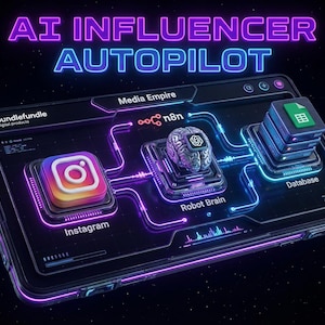 Könnte beinhalten: Digitalgrafik mit dem Text "AI Influencer Autopilot" in Neon-Lila und Blau. Das Bild zeigt ein smartphoneähnliches Gerät mit Instagram, einem Robotergehirn und einer Datenbank, die durch leuchtende Linien verbunden sind. Das "bundlefundle"-Logo befindet sich oben links.