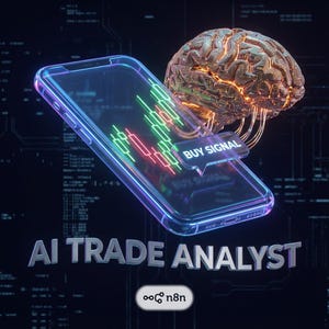 Puede incluir: Ilustración digital de un smartphone que muestra un gráfico de bolsa con líneas verdes y rojas, con el texto "BUY SIGNAL". Un cerebro brillante está conectado al teléfono. El texto "AI TRADE ANALYST" se muestra debajo.