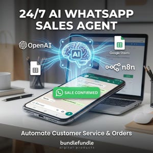 Pode incluir: Um anúncio que promove um agente de vendas WhatsApp AI. A imagem apresenta um smartphone exibindo uma mensagem "Venda confirmada", um laptop e vários ícones representando IA, Google Sheets e automação. O texto diz "24/7 AI WhatsApp Sales Agent".