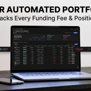 Könnte beinhalten: Ein Laptop mit einer Kryptowährungsdatenbank und dem Text "YOUR AUTOMATED PORTFOLIO Tracks Every Funding Fee & Position". Der Bildschirm zeigt Finanzdaten, darunter "BTC/USDT" und prozentuale Veränderungen. Ein Smartphone und eine Maus sind ebenfalls zu sehen.