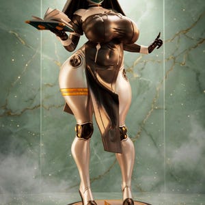 May include: A standing robotic figure dressed in a black and white habit with a veil and a cross emblem. The figure has a dark visor with glowing teal eyes, holds an open book, and stands on a circular base with gold and black accents.