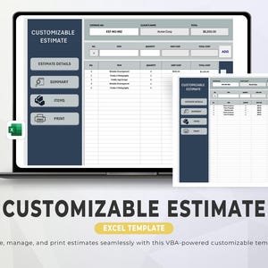 Pode incluir: Um ecrã de computador portátil exibe um modelo de estimativa personalizável. O modelo inclui secções para detalhes da estimativa, resumo, itens e opções de impressão. O texto "ESTIMATIVA PERSONALIZÁVEL" é exibido em destaque, juntamente com "EXCEL TEMPLATE".