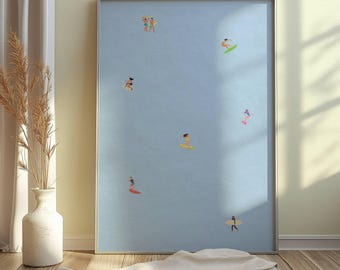 Minimalistische surfposter: kleine surfers op blauwe golven (digitale download)