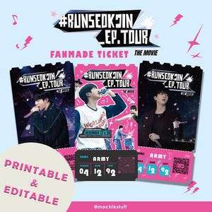 Op de afbeelding: Printbare en bewerkbare fanmade bioscoopkaartjes voor de #RUNSEOKJIN EP. TOUR. De kaartjes tonen afbeeldingen van de artiest en bevatten de tekst "FANMADE TICKET THE MOVIE". De kaartjes zijn roze, zwart en wit.