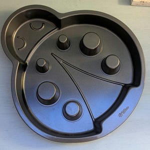May include: A dark gray ladybug-shaped baking pan with multiple circular molds and a segmented design. The pan has a curved shape for the head and antennae, and the body is divided into sections. The Wilton brand name is visible.