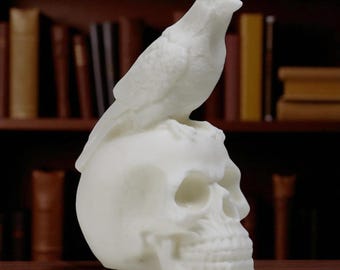 Raven on Skull Statue, Gothic Halloween Decor
