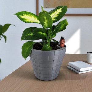 以下が含まれることがあります： 大きな緑色の葉と黄色の斑入りの、鉢植えのディフェンバキア。灰色のレンガ模様の鉢には、黒いシルクハットをかぶった小さな笑顔のフィギュアが入っています。木製のテーブルの上に置かれています。