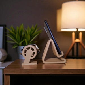 Phone & Smartwatch Holder Set Ribbed Design 3D Printed Stand for Smartphones, E-Readers  Watches Modern Desk Organizer